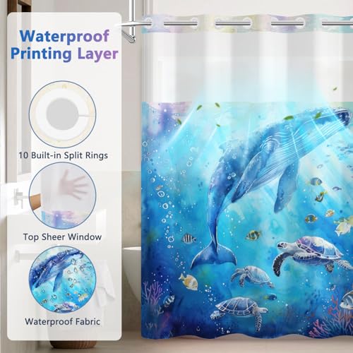 Ocean No Hook Shower Curtain and Liner Set, Whale and Turtles Design Shower Curtain with Snap in Liner and Weighted Hem, 71x74 Inch Heavy Duty Waterproof Fabric Sheer Top Shower Curtain for Bathroom - color: Whales and Turtles