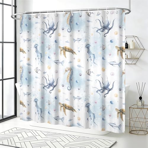 Yeele Ocean Creatures Watercolor Shower Curtain, Turtle Octopus Blue Print Shower Curtain, Waterproof Machine Washable Fabric Bath Curtain 72x72 Inch with Grommets and Hooks - color: Blue 1, size: 72"Wx72"L