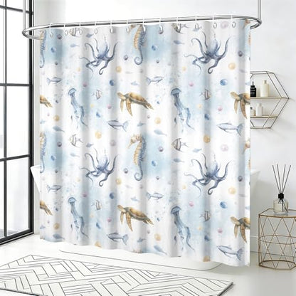 Yeele Ocean Creatures Watercolor Shower Curtain, Turtle Octopus Blue Print Shower Curtain, Waterproof Machine Washable Fabric Bath Curtain 72x72 Inch with Grommets and Hooks - color: Blue 1, size: 72"Wx72"L