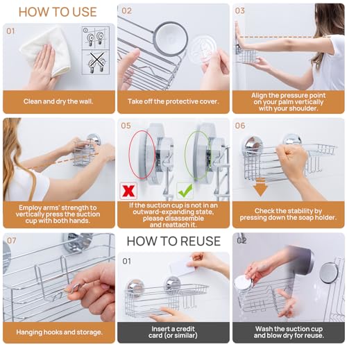 Shower Caddy Suction Cup, 3 Pack Heavy Duty Bathroom Organizer | Silver Soap Holder, Removable Bathroom Organizer With Hook, Rustproof Shower Storage - color: 3 X Silver