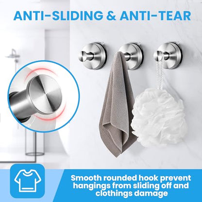 JOMOLA Suction Cup Hooks Suction Shower Hook Bathroom Towel Hanger for Shower Storage Kitchen Utensil Stainless Steel, Brushed Finish, 2PCS - color: Silver