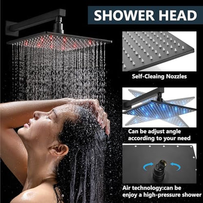 Aolemi Shower Faucet Set with Valve Handheld 10" LED Head Matte Black | Handheld Spray,10 Inch Rain LED Head,Valve and Trim Kit,All Metal,Wall Mount Shower System,Bathroom Mixer - color: Black, size: 10 Inch LED Shower Head