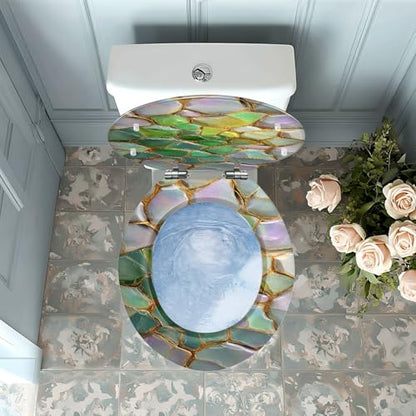 Round Resin Toilet Seat, Quietly Close Quick Release Hinges Cover | Toilet Lid Cover Easy to Clean and Install, Elegant Geometric Mosaic Shimmering Iridescent Leaves Heavy Duty Toilet Seat - color: pattern5, size: O-shape