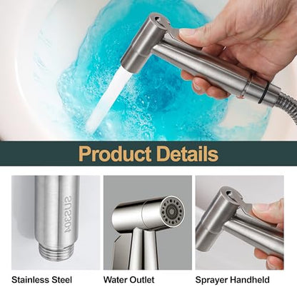Brushed Nickel Bidet Sprayer Head, Premium Stainless Steel Handheld Shattaf Jet Spray Attachment for Toilet, Multi Purpose Baby Cloth Diaper Sprayer with Adjustable Water Pressure, 1 Pack