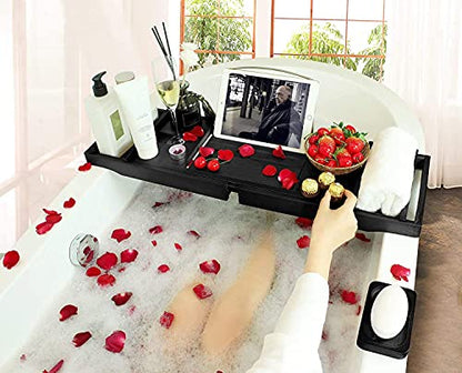 HOME OF HOME Luxury Bamboo Bathtub Caddy Tray for Tub - Bath Stand Shower Drink Holder with Extending Sides - Wood Bath Tray Expandable with Book and Wine Holder (Black)