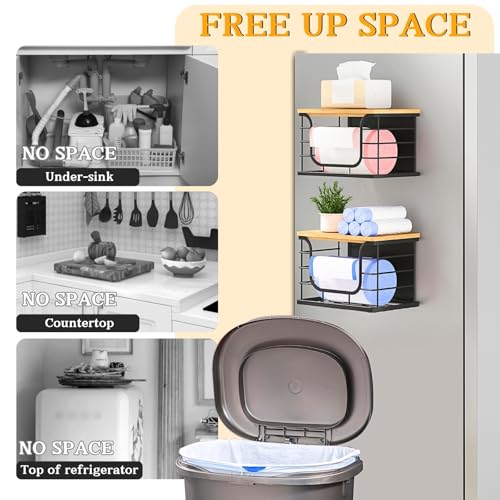 Magnetic Shelf for Fridge Trash Bag Organizer, 2 Pack, Black | Stackable Garbage Bag Holder, Bamboo Lid, Magnetic Storage Bin, For Refrigerator, Under Sink, Kitchen, Pantry