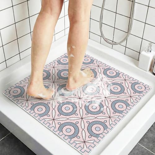 Square Non Slip Shower Mat, 24"x24" PVC Loofah Anti Slip Shower Floor Matt for Tub & Bathroom Floor, Loofah Shower Mats for Home, Poolside Entryway, Soft Textured & Elderly Safe, Pink Circles - color: Pink Circles, size: 24" x 24" (Square)