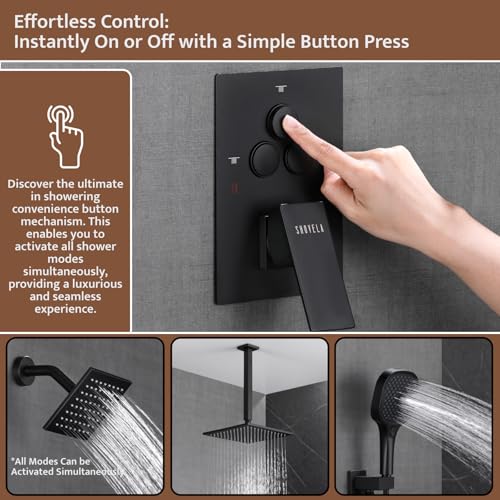 Shower System Matte Black Ceiling Mount Shower Faucet Set with 10 Inch Shower Head, Push Button Diverter Shower Fixtures with 3 in 1 Handheld,6 Inch Shower Head【All Functions Simultaneous Use】 - color: Matte Black, style: 10 Inch+6 Inch