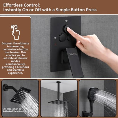 Shower System Matte Black Ceiling Mount Shower Faucet Set with 10 Inch Shower Head, Push Button Diverter Shower Fixtures with 3 in 1 Handheld,6 Inch Shower Head【All Functions Simultaneous Use】 - color: Matte Black, style: 10 Inch+6 Inch