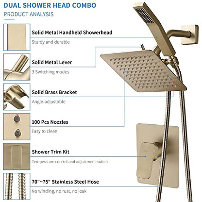 G-Promise Rain Shower Head and Handle Set for Modern Bathroom Upgrade | All Metal, Built to Last, Including the Required Accessories, Modern Upgrade, Extra Flexible Long Lose - color: Brushed Gold