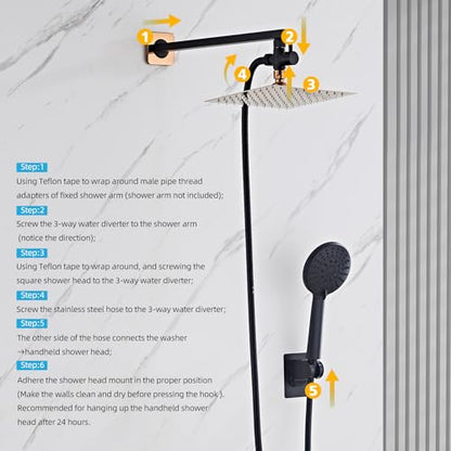 Shower Head Combo Matte Black and Rose Gold, 8 Inch Rain Shower Head with Handheld 5 Spray Modes High Pressure Rainfall Shower Heads System, 15 Inch Shower Adjustable Extension Arm - color: Matte Black+Rose Gold, style: 8 Inch with Handheld Sprayer