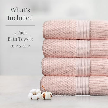 NY Loft 100% Cotton 4-Pack Bath Towel Set | Pink | Oeko-TEX | Quick-Dry | Four 30" x 52" Bath Towels | Super Absorbent | Designer-Styled Texture - color: Light Pink, size: Bath Towel (4 Pack)
