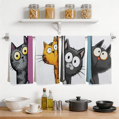 4 Pcs Funny Cat Kitchen Towels, Cute Cats Gifts Soft Absorbent Tea Towel - color: Multi 0138