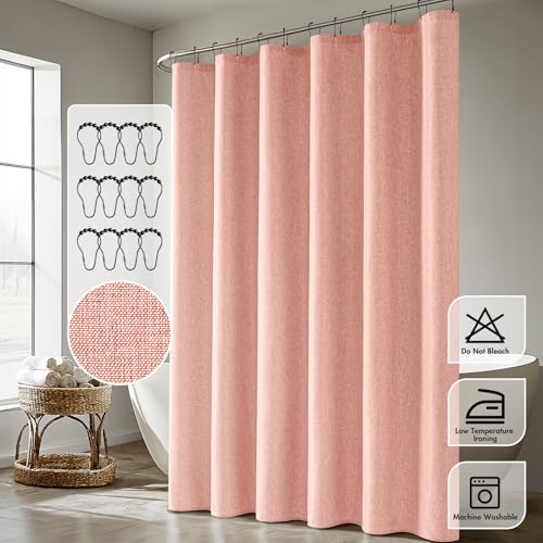 ANRODUO Blush Pink Linen Textured Fabric Shower Curtain Set - W72xL84 | Farmhouse Shower Curtain with 12 Metal Hooks, Waterproof Heavy Duty, Button Hole Design, Machine Washable for Bathroom - color: Blush Pink, size: 72"W x 84"L (Pack of 1)