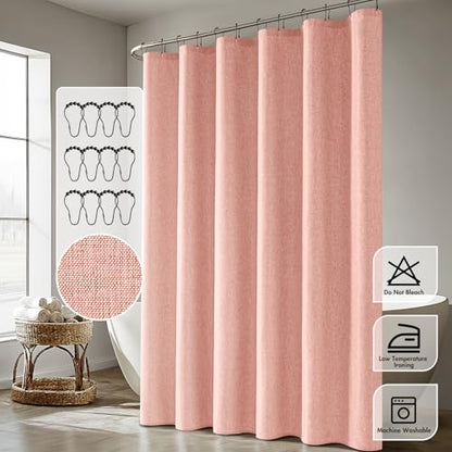 ANRODUO Blush Pink Extra Long Linen Fabric Shower Curtain Set - W72xL108 | Farmhouse Shower Curtain with 12 Metal Hooks, Waterproof Heavy Duty, Button Hole Design, Machine Washable for Bathroom - color: Blush Pink, size: 72"W x 108"L (Pack of 1)