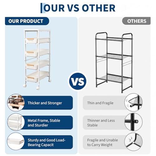 Garvee 5-Tier Slim Rolling Storage Cart, 9.5" Wooden Top Narrow Kitchen Carts on Wheels with Pull-Out Baskets, Mobile Shelving Unit Organizer for Kitchen, Bathroom, Laundry Room, Small Spaces
