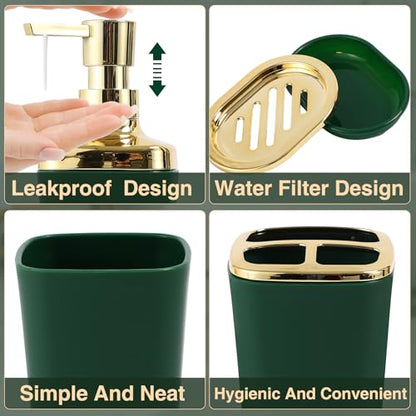 XLHOMO Bathroom Set Bathroom Accessories Set 8 Piece Green and Gold Bathroom Set, Bathroom Sets with Stainless Steel Trash Can,Toilet Brush,Toothbrush Set,Soap Dispenser - size: Hunter Green, style: Bath Set
