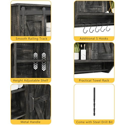 Trironsun Farmhouse Medicine Cabinet 2 Sliding Barn Doors 3 Tier Rustic Wood Wall Storage Cabinet Adjustable Shelf Towel Bar Wall Mounted Bathroom Wall Cabinet - color: Dark Rustic Oak