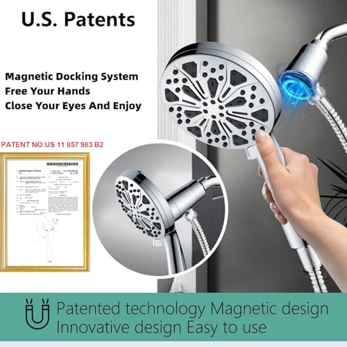 Magnetic Shower Head with Handheld: Filtered High Pressure Rainfall Showerhead for Hard Water - 5” 10-Setting Shower with 72” Hose & Built-in Power Wash Mode for Tub & Pet Cleaning