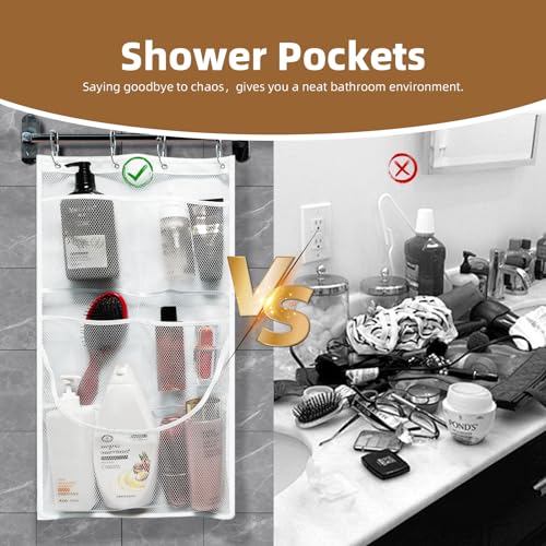 2PCS Mesh Shower Organizer Hanging,Shower Curtain Liner Pockets Hanging with Pockets Quick Dry Cruise RV Camper Bathroom Organizer with Shower Curtain Hooks - size: 2 Pack | White