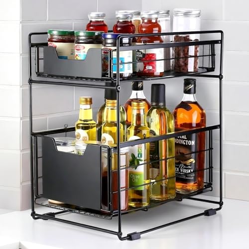 2 Tier Under Sink Organizer,Slide Out Kitchen Cabinet Organizer,Pull Out Pantry Storage with 2 baskets, Office Supplies,Kitchen,Bathroom Organizer with Sliding Drawer,Large Capacity,Multi-Use