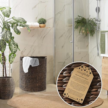 Casafield Half Moon Laundry Hamper with Lid and Removable Liner Bag - Espresso Dark Brown, Woven Water Hyacinth Laundry Basket for Clothes and Towels