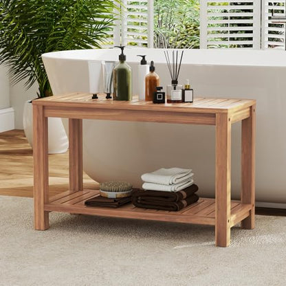 Giantex Teak Shower Bench with Shelf, 30 Inch Shower Stool with Slatted Seat for Elderly Seniors, Waterproof Bathroom Spa Bathing Seat Foot Rest Entryway Bench for Indoor and Outdoor Use - size: 30" x 12.5" x 18"