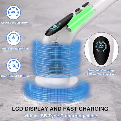 Electric Spin Scrubber, Electric Spin Cordless Tub and Tile Scrubber with Voice Broadcasting 3 Speed 9 Replaceable Clean Heads Power Spin Scrubbers