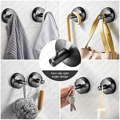 YOHOM Suction Cup Hooks Shower Towel Holder Stainless Steel Vacuum Bathroom Shower Hook Suction Towel Rack Kitchen Organizer for Bathrobe Loofah Washcloth Brushed Black 4 Pcs - color: 4 Brushed Black