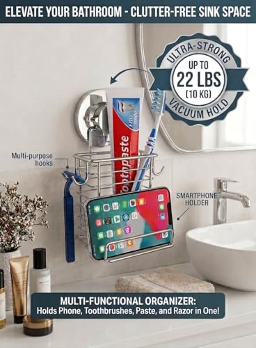 Toothbrush Holder Suction Cup Wall Mounted Toothpaste and Toothbrushes Holder Shelf for Soap Dish or Phone Powerful Vacuum System Rustproof Stainless Steel Organizer Electric Toothbrush (Silver)