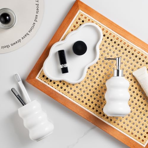 3-Piece White Ceramic Bathroom Accessories Set with Tray, Lotion Dispenser, and Tumbler for a Luxurious Bath Experience - color: White
