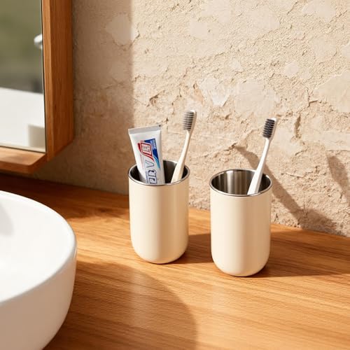 Unbreakable Stainless Steel Toothbrush Holder Tumbler Cup for Bathroom 13oz | Reusable Kids Bathroom Tumbler Cup & Tooth Brush Holder, Countertop Toothpaste Organizer Storage Set, White 2 Pack - color: White