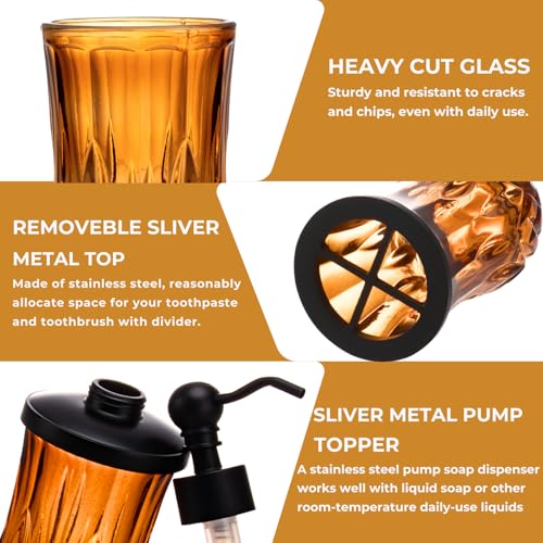 Amber Bathroom Accessories, Round Thick Glass & Zinc Alloy Pump | Beautiful & weight, 5 pcs soap dispenser, toothbrush holder, soap dish, tumbler & jar, for mission/amish style - style: Round(Amber)