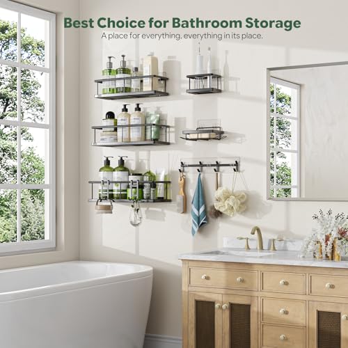 Simple Trending 6 Pack Shower Caddy Adhesive, Rustproof Shower Shelves | Stainless Steel Shower Organizer with Large Capacity, No Drilling Bathroom Organizers and Storage for Home Decor, Black