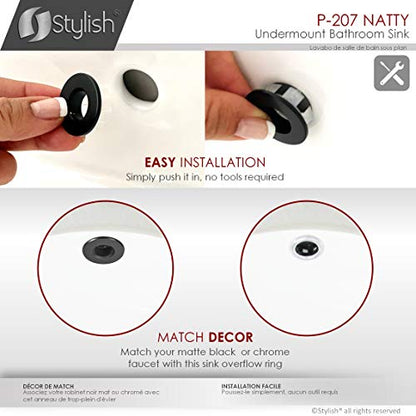 Stylish Round Bathroom Sink 16 x 16 Inch Ceramic Porcelain Undermount Bathroom Sinks Enamel Glaze Finish Smooth and Stain Resistant White Surface with Chrome and Matte Black Overflow, P-207 - style: 16"x16" Chrome & Matte Black Overflows