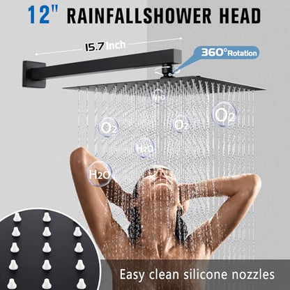 12 Inch Rainfall Shower System with Tub Spout Wall Mounted Complete Combo with Solid Brass Pressure Balancing Valve, High Pressure Shower Head, Handle Set & Installation Accessories Matte Black - color: Black