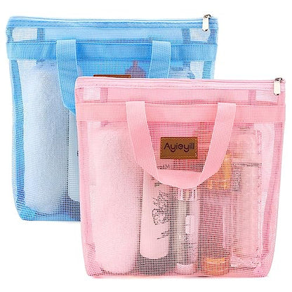 Hommtina 2 Pcs Shower Mesh Caddy Bag Quick Dry Hanging Toiletry and Bath Organizer for Travel and Swimming with Zipper (Pink-Blue) - color: Pink-Blue