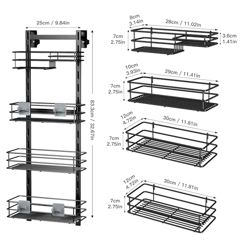 Orimade Over The Door Shower Caddy Adjustable 4 Tier Black,Bathroom Hanging Organizer Shelf Rustproof with 4 Hooks,Shower Basket with Soap Holder and Suction Cup - color: Black-4T
