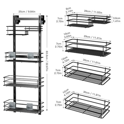 Orimade Over The Door Shower Caddy Adjustable 4 Tier Black,Bathroom Hanging Organizer Shelf Rustproof with 4 Hooks,Shower Basket with Soap Holder and Suction Cup - color: Black-4T