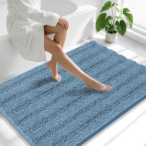 Smiry Thick Chenille Large Bathroom Runner Rugs 47x32, Bath Mat, Airy Blue | Quick‑Dry & Machine Washable, Non‑Slip Bath Carpet, Soft Striped Bath Rugs for Tub & Shower, Modern Home Decor Accessories - color: Airy Blue, size: 47" X 32"