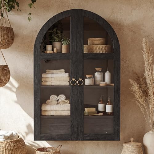 Arched Wall Cabinet with Tempered Glass Doors, 23.5×31.4 Inch Hanging Storage Cabinet with Adjustable Shelf, Glass Display Cabinet for Bathroom, Kitchen, Living Room, Black - color: Black, size: 35 H-Glass