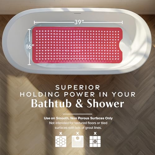 SlipX Solutions 39"x16" Power Grip Non Slip Bathtub Shower Mat, Red | Stronger Wet Surface Protection, Soft Under Foot, 265+ Suction Cups, Large Drainage Holes - color: Clear Red