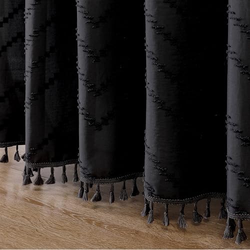 Black Fabric Shower Curtain, Boho Shower Curtains for Bathroom Chic Tufted Chevron Striped Textured with Tassel, Soft Hotel Style Farmhouse, Machine Washable, 72x78, Black - color: Black, size: 72"W x 78"L (Pack of 1)