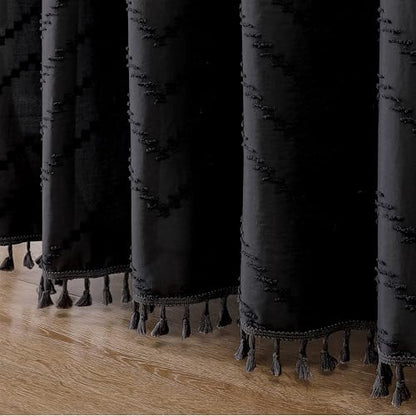 Black Fabric Shower Curtain, Boho Shower Curtains for Bathroom Chic Tufted Chevron Striped Textured with Tassel, Soft Hotel Style Farmhouse, Machine Washable, 72x78, Black - color: Black, size: 72"W x 78"L (Pack of 1)
