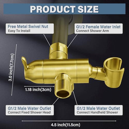 Metal Shower Arm Diverter with Handheld Mount, G1/2" 3-Way Shower Diverter Valve Bathroom Universal Showering System Replacement for Handheld Wand and Fixed Sprayer, Brushed Gold - color: Brushed Gold
