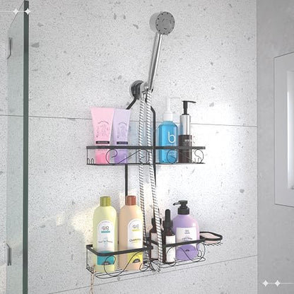 Adjustable Shower Caddy Hanging Rustproof Shower Caddy for Handheld Showerheads, Shower Organizer with Hooks Soap Holder Toothbrush Holder, Anti-Swing Shower Rack Bathroom Accessories, Black (Black)