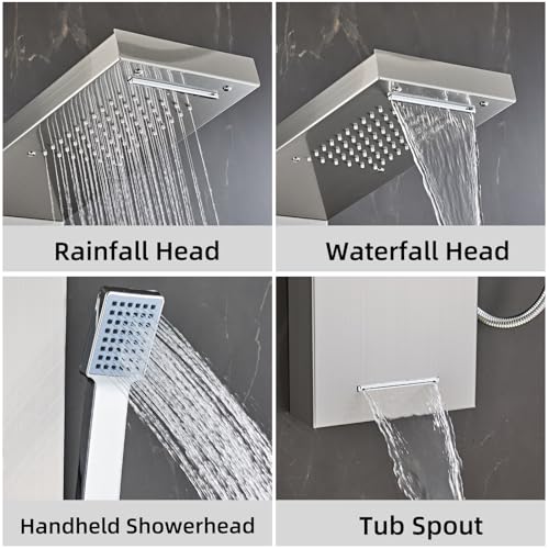 6 in1 Multi-Function Shower Panel Tower System-Brushed Gray | 304 stainless steel Shower Panel Column Tower with Powerful Body Massage, Rainfall, Waterfall,Handheld and Tub Spout - color: Brushed Gray, style: HSY-003