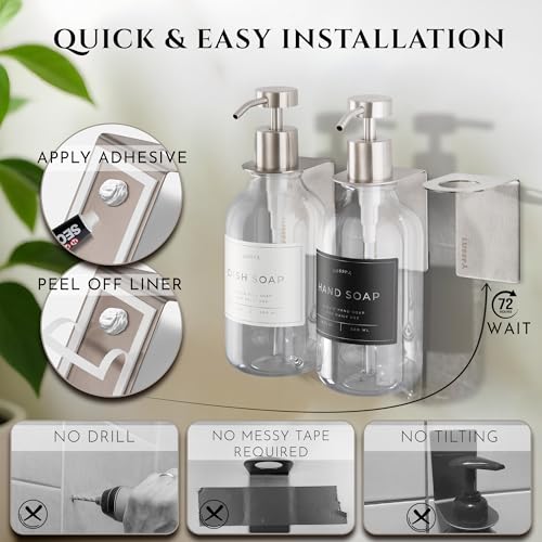 Shower Shampoo Dispenser Wall Mounted – 3 Refillable 16.9 oz Clear Bottles with Stainless Steel Pumps & No-Drill Adhesive Holders – Soap Dispenser Set for Bathroom (3 X Clear/Silver) - color: 3 X Clear/Silver