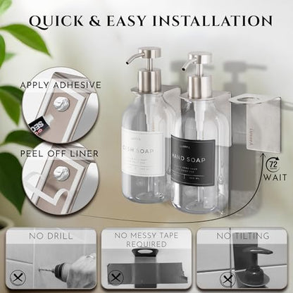 Shower Shampoo Dispenser Wall Mounted – 3 Refillable 16.9 oz Clear Bottles with Stainless Steel Pumps & No-Drill Adhesive Holders – Soap Dispenser Set for Bathroom (3 X Clear/Silver) - color: 3 X Clear/Silver