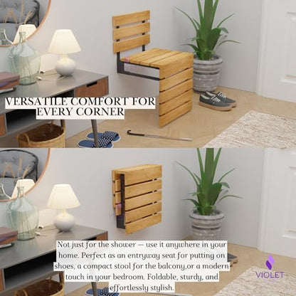 Folding Wall Mounted Teak Wood Shower Seat with Backrest, Water Resistant Foldable Bathroom Stool with Legs, Premium Materials Handmade Shoe Changing Bench, Space Saving and Super Safe Chair (Natural) - color: Natural
